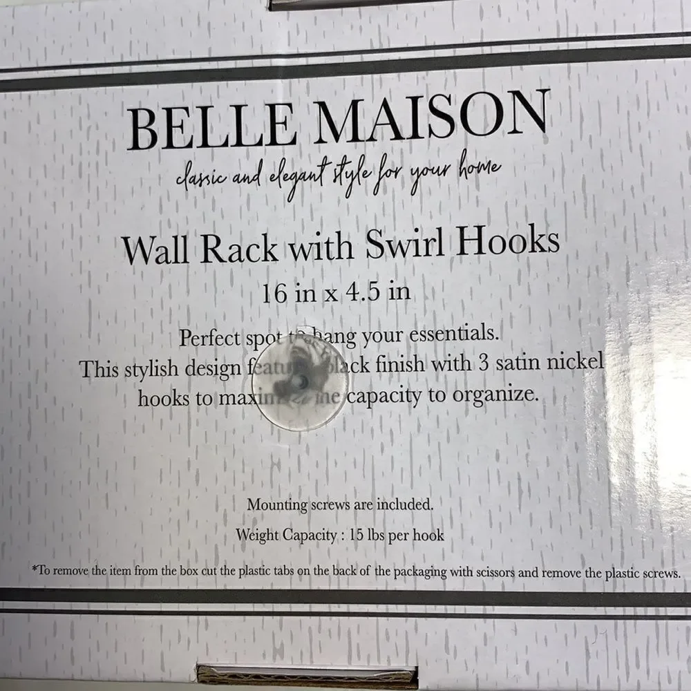 Belle Maison Decorator Wall Hook With Swirl Hooks 16 X 4.5 Organizer Hanger  NEW